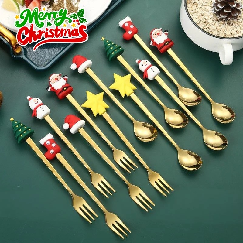 Tea Coffee Utensils - Stainless Steel Christmas Spoon Fork Set